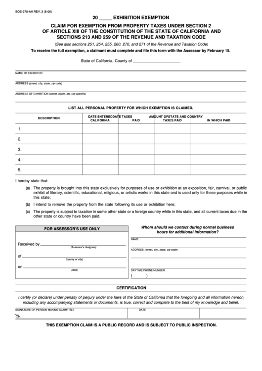 Form Boe-270-Ah - Claim For Exemption From Property Taxes Printable pdf