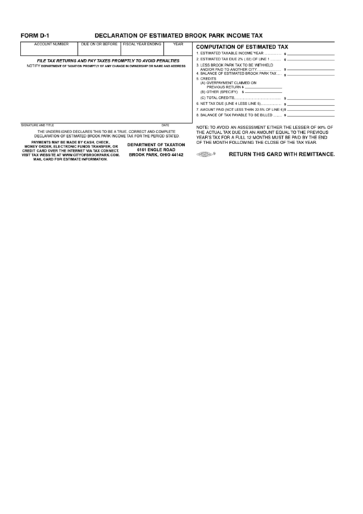 Form D-1 - Declaration Of Estimated Brook Park Income Tax Printable pdf