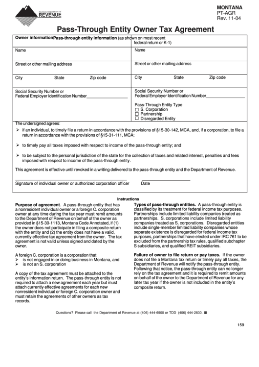 Form Pt-Agr - Pass-Through Entity Owner Tax Agreement - Montana Dept.of Revenue Printable pdf