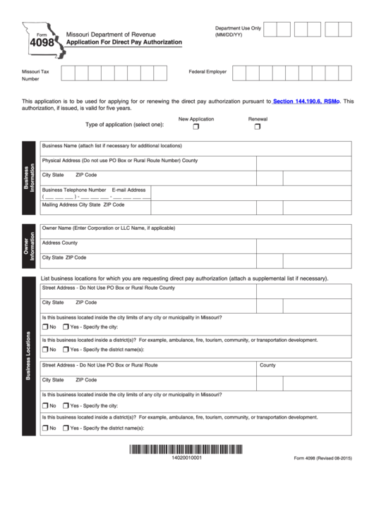 Form 4098 - Application For Direct Pay Authorization - 2015