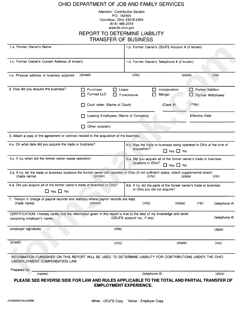 Form Jfs 66300a - Report To Determine Liability Transfer Of Business