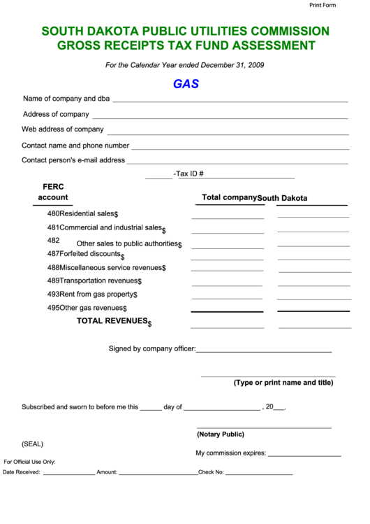 Fillable Gross Receipts Tax Fund Assessment Form - 2009 Printable pdf