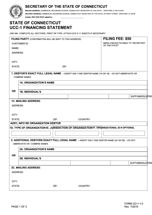 Fillable Form Uo-1-1.0 - Ucc-1 Financing Statement - Connecticut Secretary Of State - 2010 Printable pdf