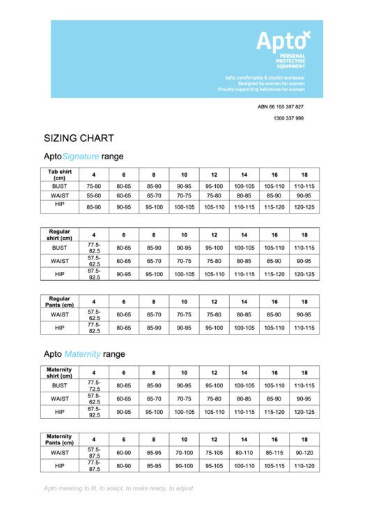 Apto Clothing Size Chart Printable pdf