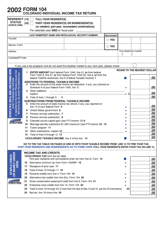 Form 104 - Colorado Individual Income Tax Return - 2002 Printable pdf