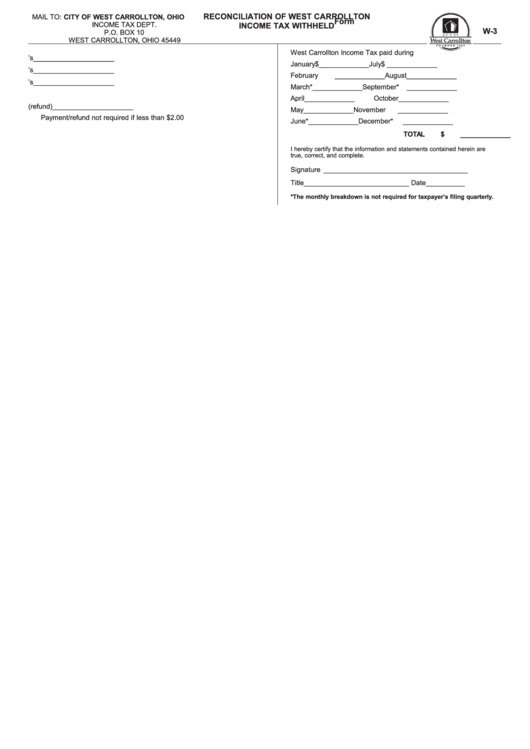 Form W-3 - Reconciliation Of West Carrollton Income Tax Withheld Printable pdf