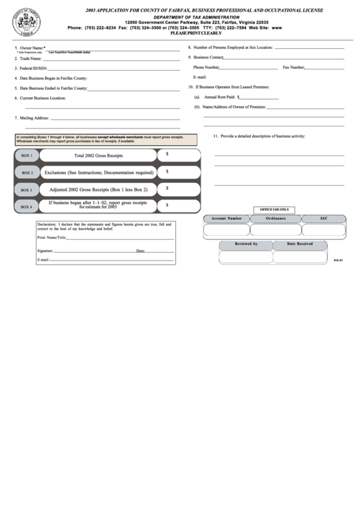 Application For County Of Fairfax, Business Professional And Occupational License - Department Of Tax Administration - 2003 Printable pdf