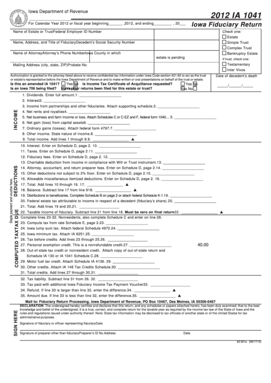 Form Ia 1041 - Iowa Fiduciary Return - 2012 Printable pdf