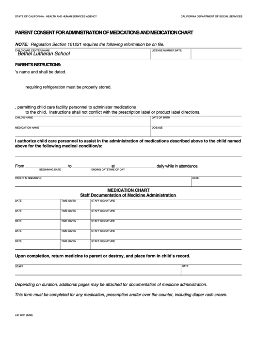 Fillable Form Lic 9221 - Parent Consent For Administration Of Medications And Medication Chart Printable pdf