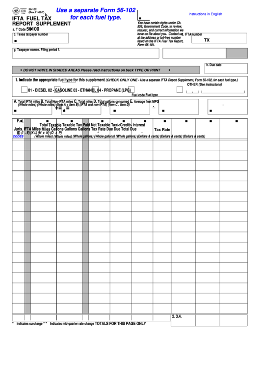 Fillable Form 56-102 - Ifta Fuel Tax Report Supplement Printable pdf