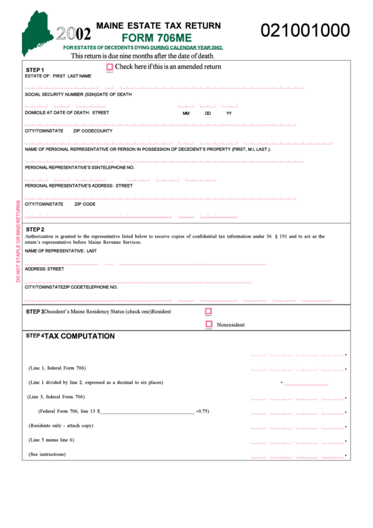 Form 706me - Maine Estate Tax Return - 2002 Printable pdf