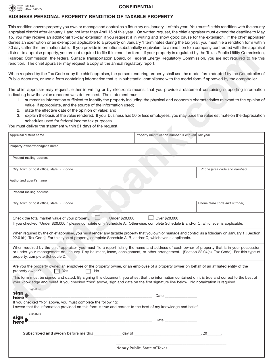 Form 50-144 - Business Personal Property Rendition Of Taxable Property