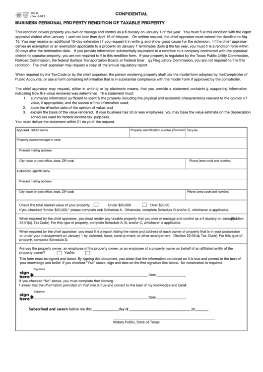 Form 50-144 - Business Personal Property Rendition Of Taxable Property Printable pdf