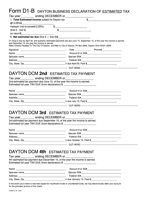 Form D1-B - Dayton Business Declaration Of Estimated Tax Printable pdf