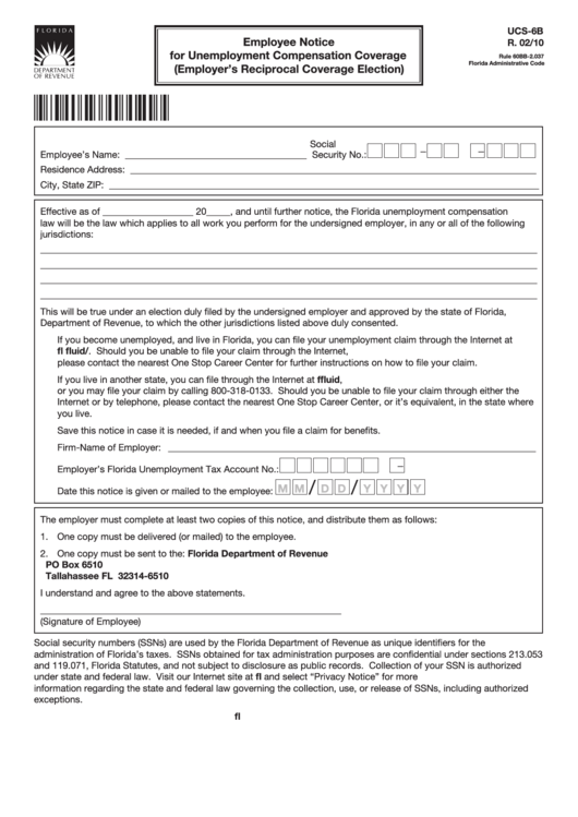 Form Ucs-6b - Employee Notice For Unemployment Compensation Coverage (Employer