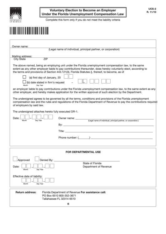 Form Ucs-2 - Voluntary Election To Become An Employer Under The Florida Unemployment Compensation Law Printable pdf