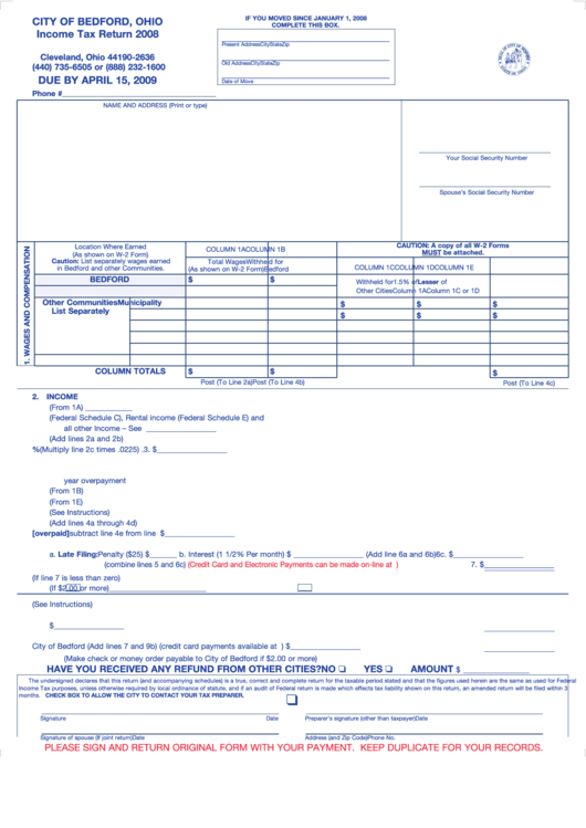 Income Tax Return - City Of Bedford - 2008 Printable pdf
