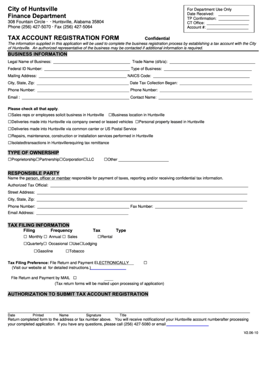 Tax Account Registration Form - City Of Huntsville Finance Department Printable pdf