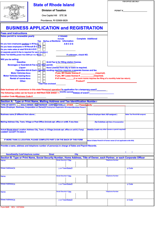 Form Bar - Business Application And Registration - 2004 Printable pdf