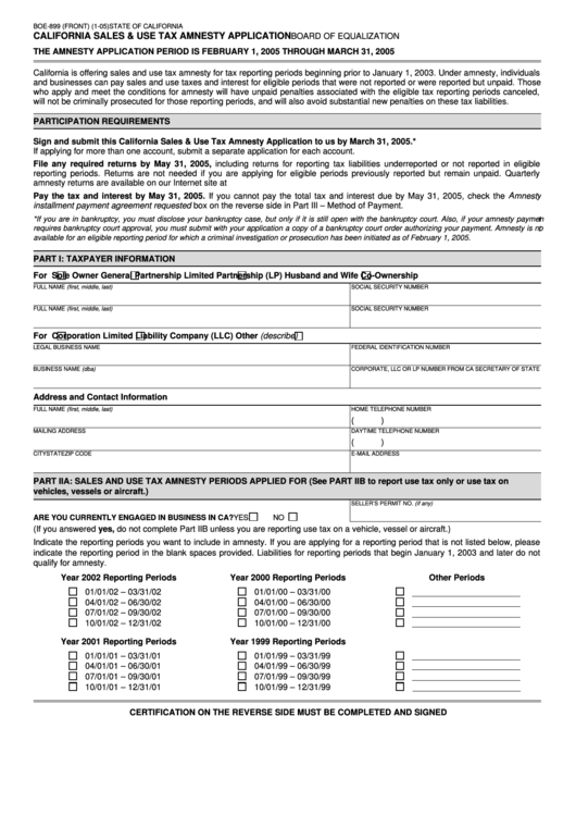 Fillable Form Boe-899 - California Sales & Use Tax Amnesty Application - 2005 Printable pdf