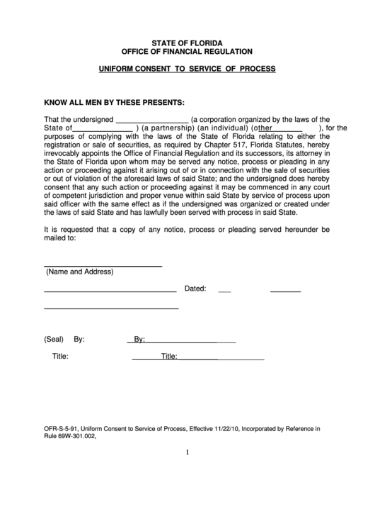 Form Ofr-S-5-91 - Uniform Consent To Service Of Process/corporate Acknowledgement/individual Or Partnership Acknowledgement Printable pdf