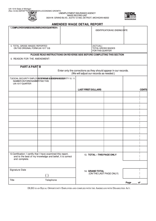 Form Uia 1019 - Amended Wage Detail Report - Michigan Department Of Labor & Economic Growth Printable pdf