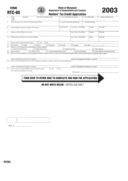 Fillable Form Rtc-60 - Renters
