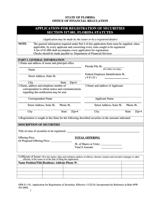 Form Ofr-S-1-91 - Application For Registration Of Securities - Florida Office Of Financial Regulation Printable pdf