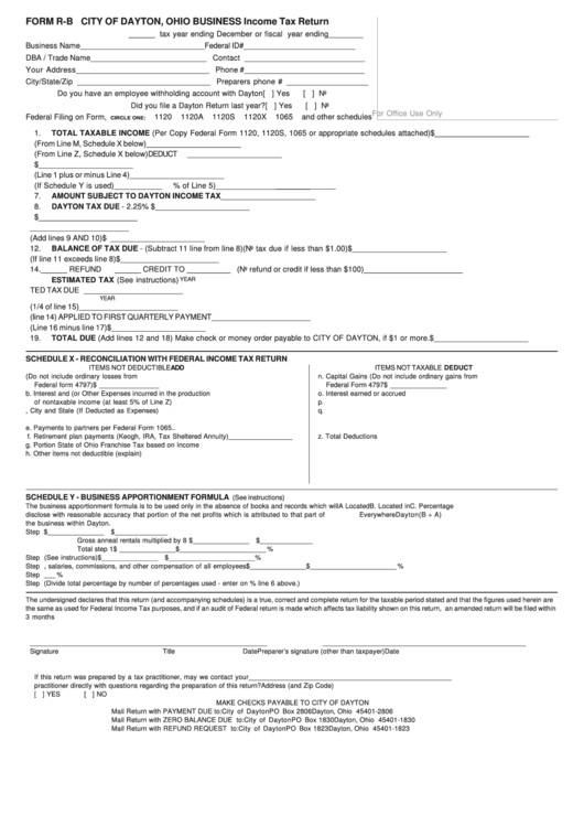 Form R-B - Business Income Tax Return - City Of Dayton Printable pdf