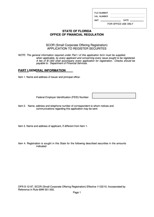 Form Ofr-S-12-97 - Scor (Small Corporate Offering Registration) Application To Register Securites Printable pdf