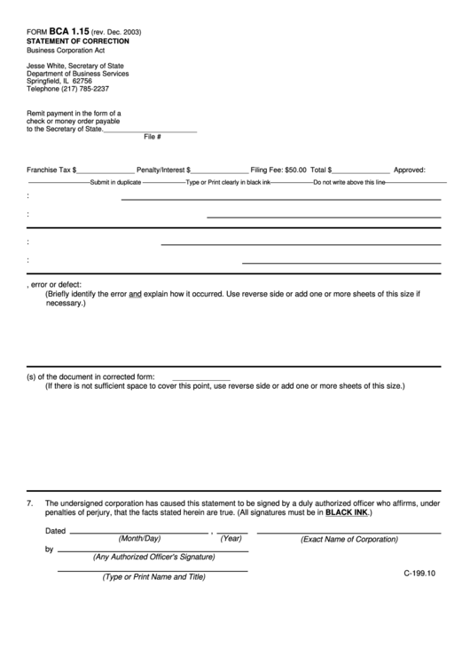 Fillable Form Bca 1.15 - Statement Of Correction - Illinois Secretary Of State Printable pdf