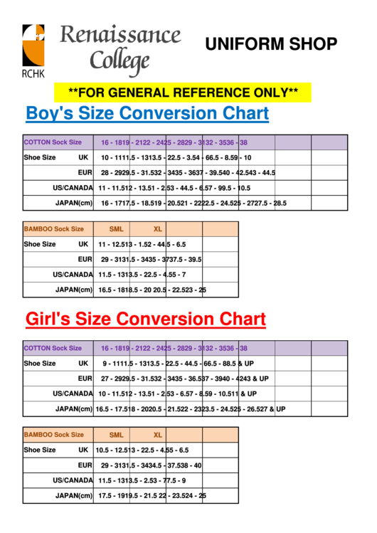Rchl Sock & Shoe Size Conversion Chart printable pdf download