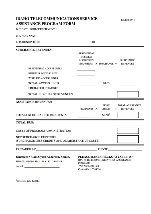 Assistance Program Form - Idaho Telecommunications Service - 2013 Printable pdf