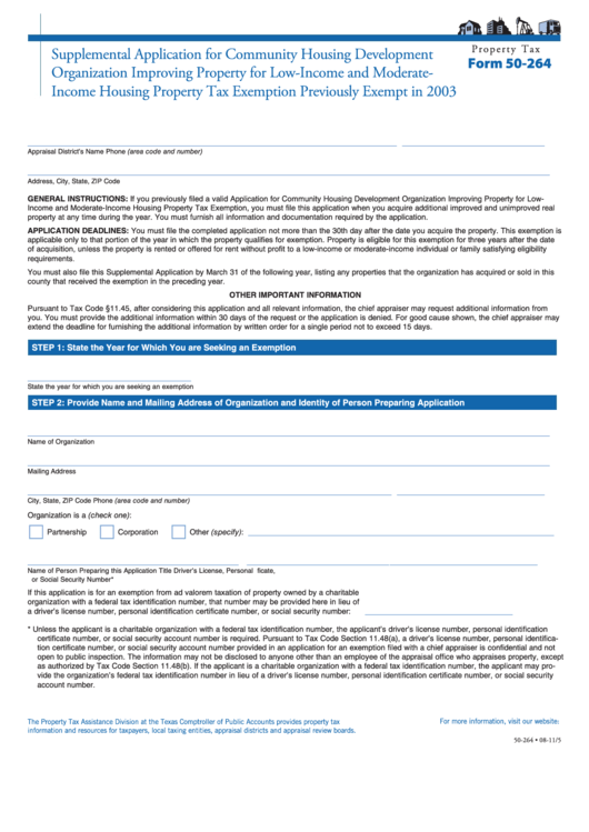 Fillable Form 50-264 - Supplemental Application For Community Housing Development Organization Improving Property For Low-Income And Moderateincome Housing Property Tax Exemption Previously Exempt In 2003 Printable pdf