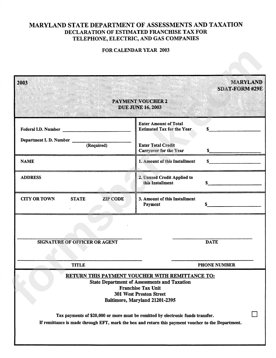 Maryland Sdat Form #29e - Declaration Of Estimated Franchise Tax For Telephone, Electric, And Gas Companies - 2003