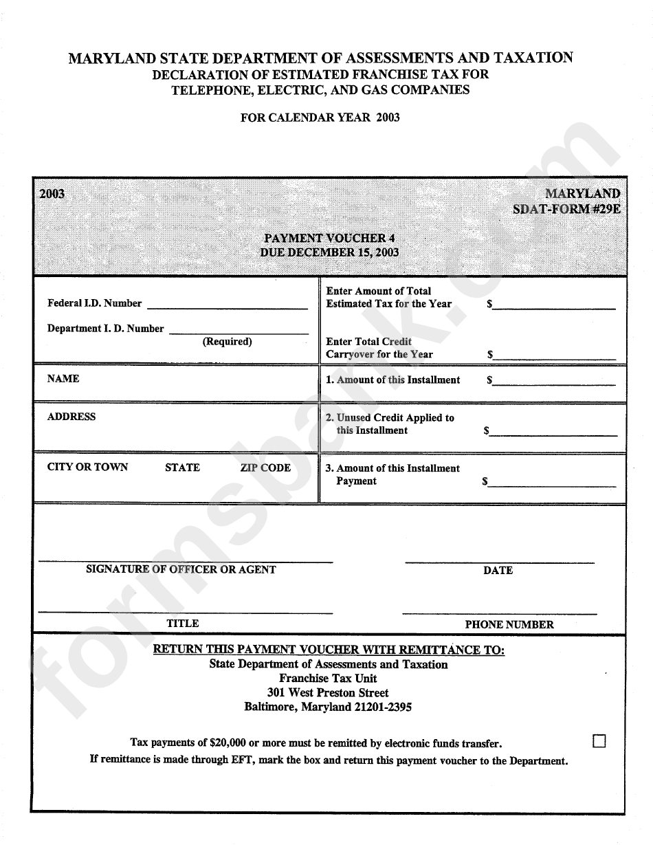 Maryland Sdat Form #29e - Declaration Of Estimated Franchise Tax For Telephone, Electric, And Gas Companies - 2003