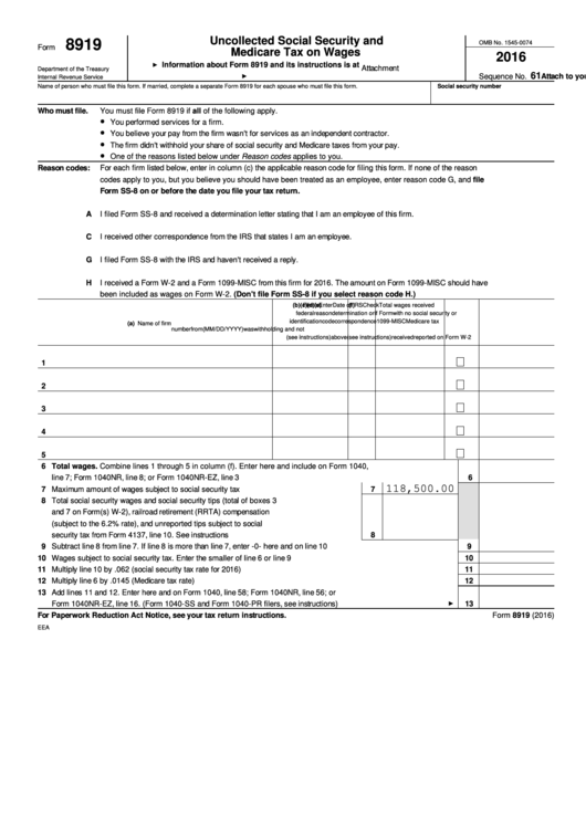 Form 8919 - Uncollected Social Security And Medicare Tax On Wages - 2016 Printable pdf