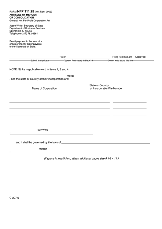 Fillable Form Nfp 111.25 - Articles Of Merger Or Consolidation - Illinois Secretary Of State Printable pdf