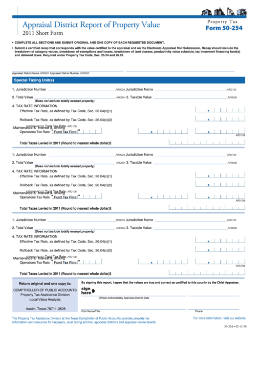 Fillable Form 50-254 - Appraisal District Report Of Property Value - 2011 Printable pdf