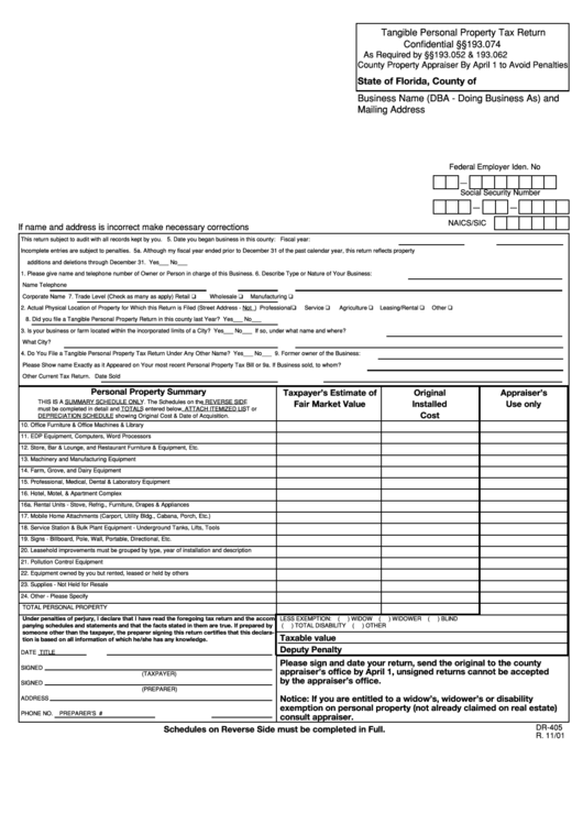 Form Dr405 Tangible Personal Property Tax Return 2001 printable pdf