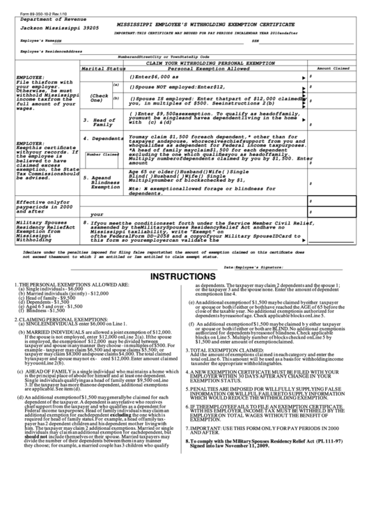Form 89 350 10 2 Mississippi Employee #39 S Withholding Exemption
