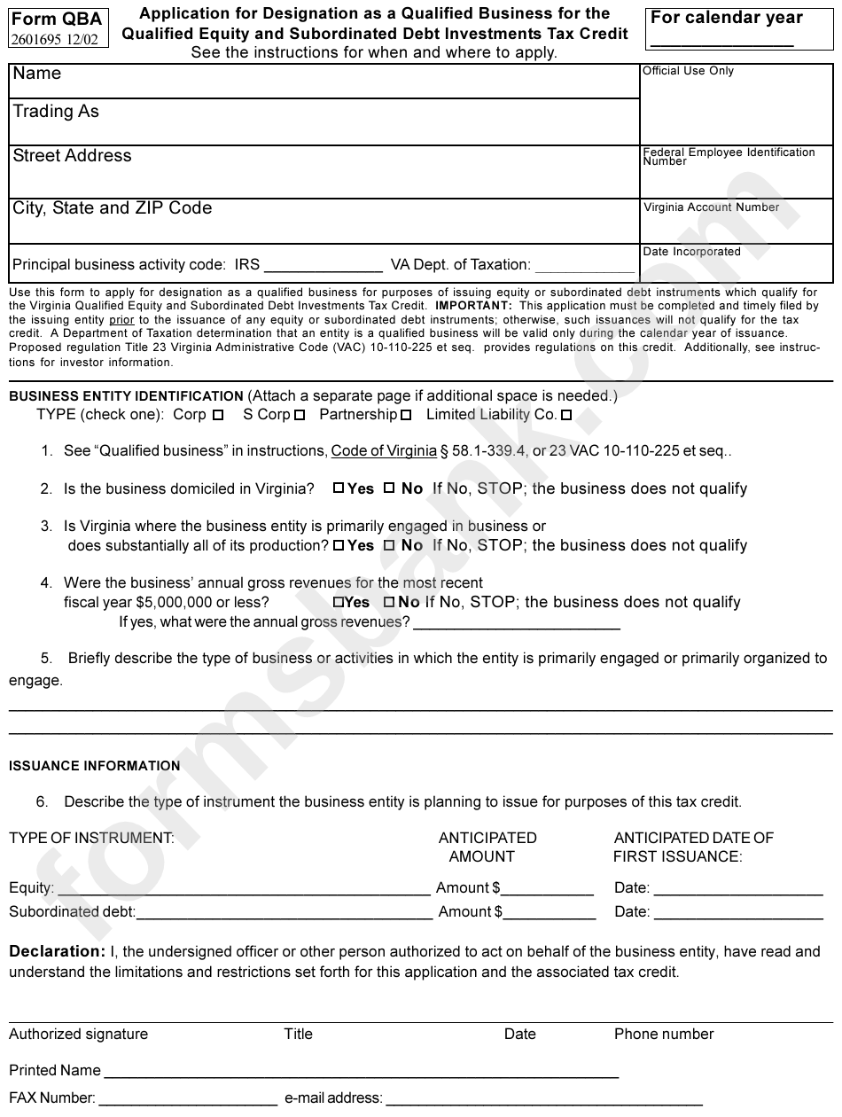 Form Qba - Application For Designation As A Qualified Business For The Qualified Equity And Subordinated Debt Investments Tax Credit