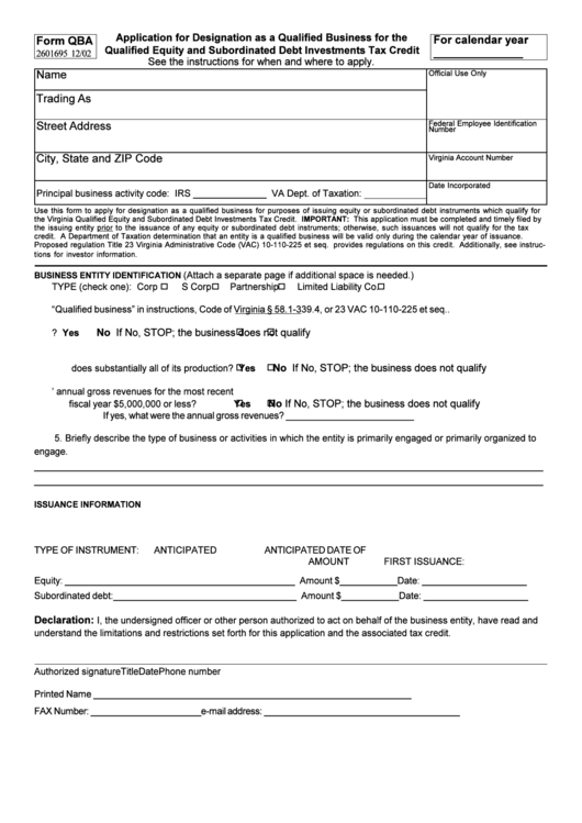 Form Qba - Application For Designation As A Qualified Business For The Qualified Equity And Subordinated Debt Investments Tax Credit Printable pdf