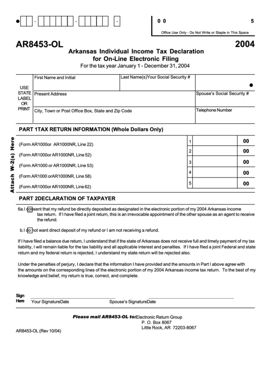 Form Ar8453 Ol Arkansas Individual Income Tax Declaration For On Line