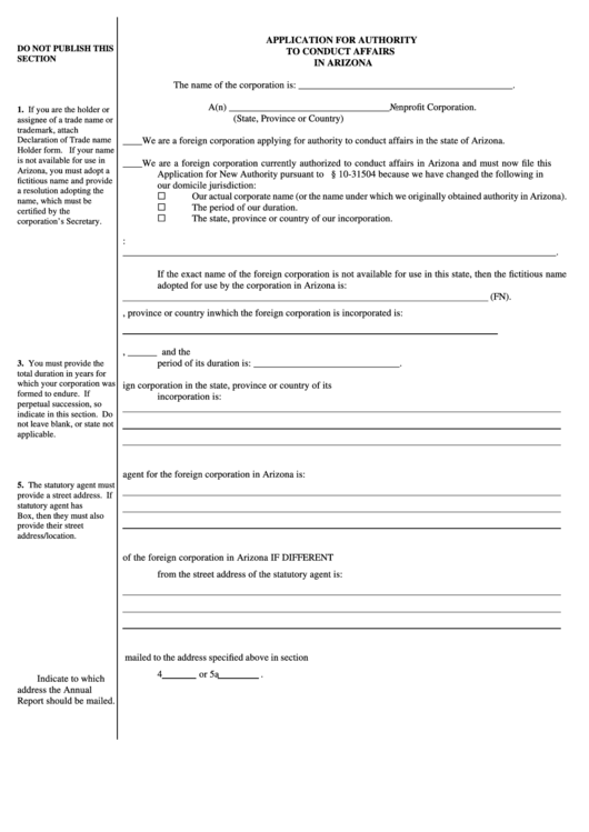 Form Cf:0060 - Application For Authority To Conduct Affairs In Arizona Printable pdf
