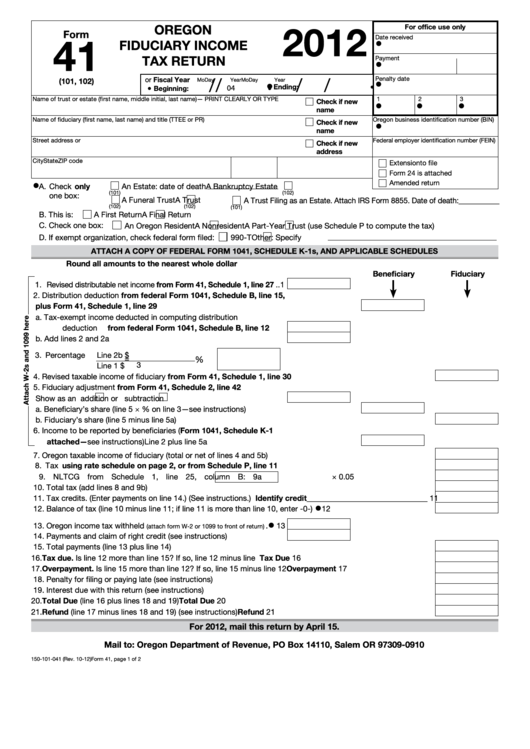Form 41 - Oregon Fiduciary Income Tax Return - 2012 Printable pdf