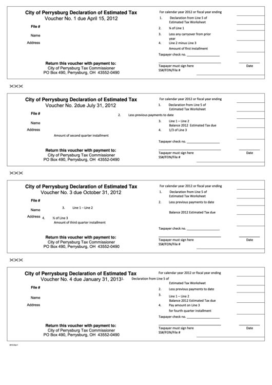 Fillable Declaration Of Estimated Tax Form - City Of Perrysburg - 2012 Printable pdf