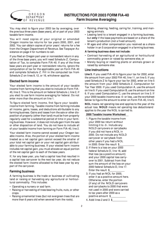 Instructions For 2003 Form Fia-40 - Farm Income Averaging Printable pdf