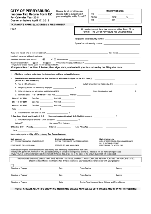 Fillable Form Ez - Income Tax Return - City Of Perrysburg - 2011 Printable pdf