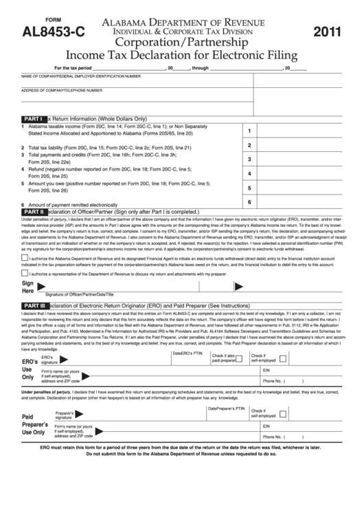 Form Al8453-c - Corporation/partnership Income Tax Declaration For Electronic Filing - 2011